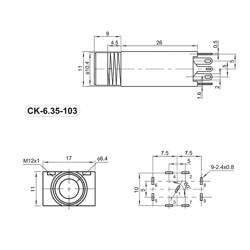 6.35mm 3 pin audio jack socket PCB mount