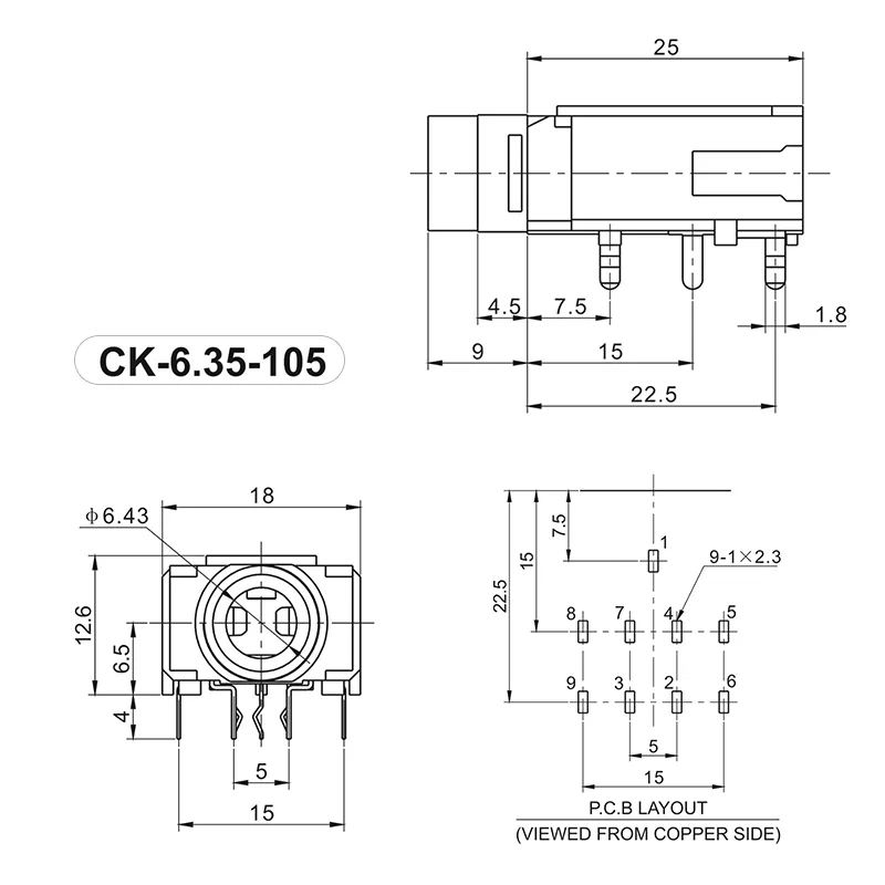 CK6.35-105-7P 6.35mm 7 pin audio jack socket PCB mount