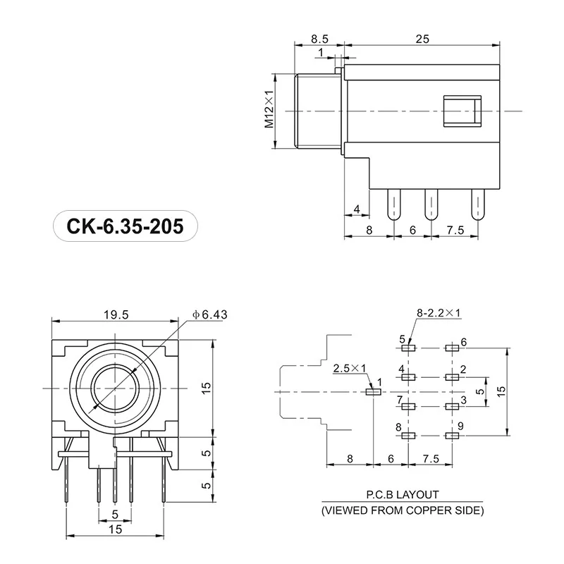 CK6.35-205-7P 6.35mm 7 pin headphone jack socket PCB mount