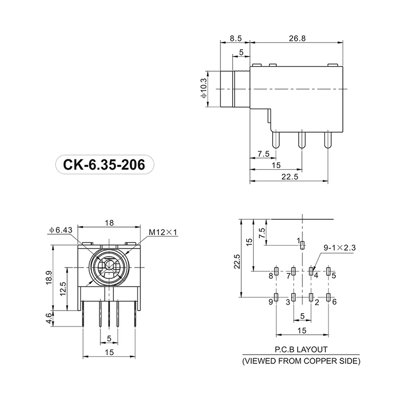 CK6.35-206-7P 6.35mm 7 pin headphone jack socket PCB mount female
