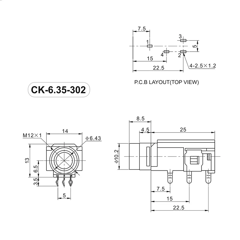 CK6.35-302-4P 6.35mm 4 pin headphone jack socket PCB mount