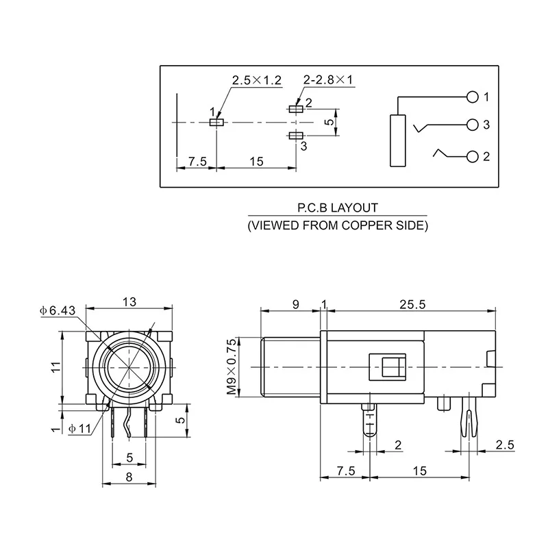 CK6.35-308-3P 6.35mm 3-Pin PCB Mount Phone Jack