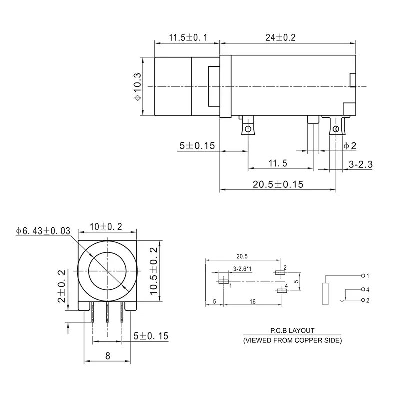 6.35mm 3 pin headphone jack PCB mount socket