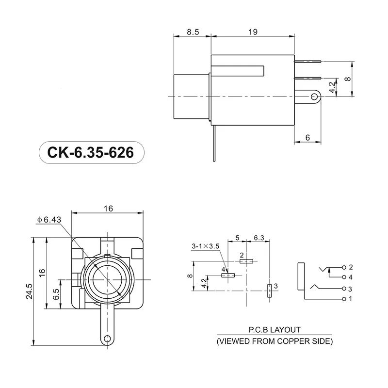 6.35mm 4 pin headphone jack socket PCB mount