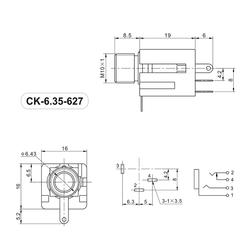 6.35mm 3 pin headphone jack PCB mount socket