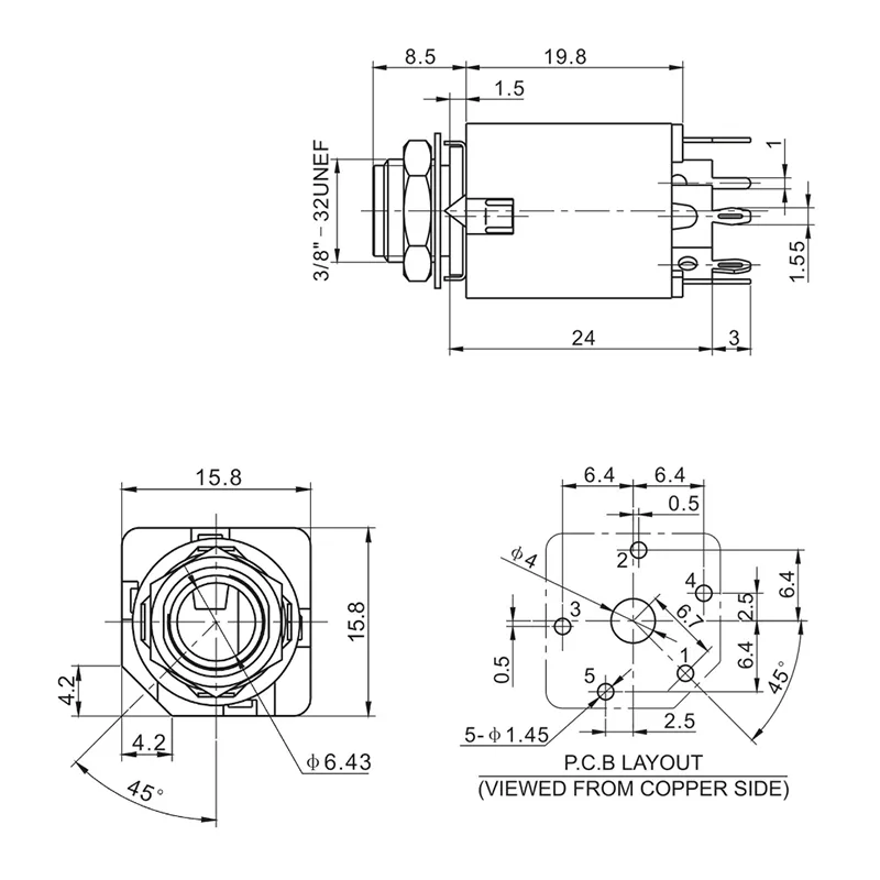6.35mm 5 pin headphone jack PCB mount socket