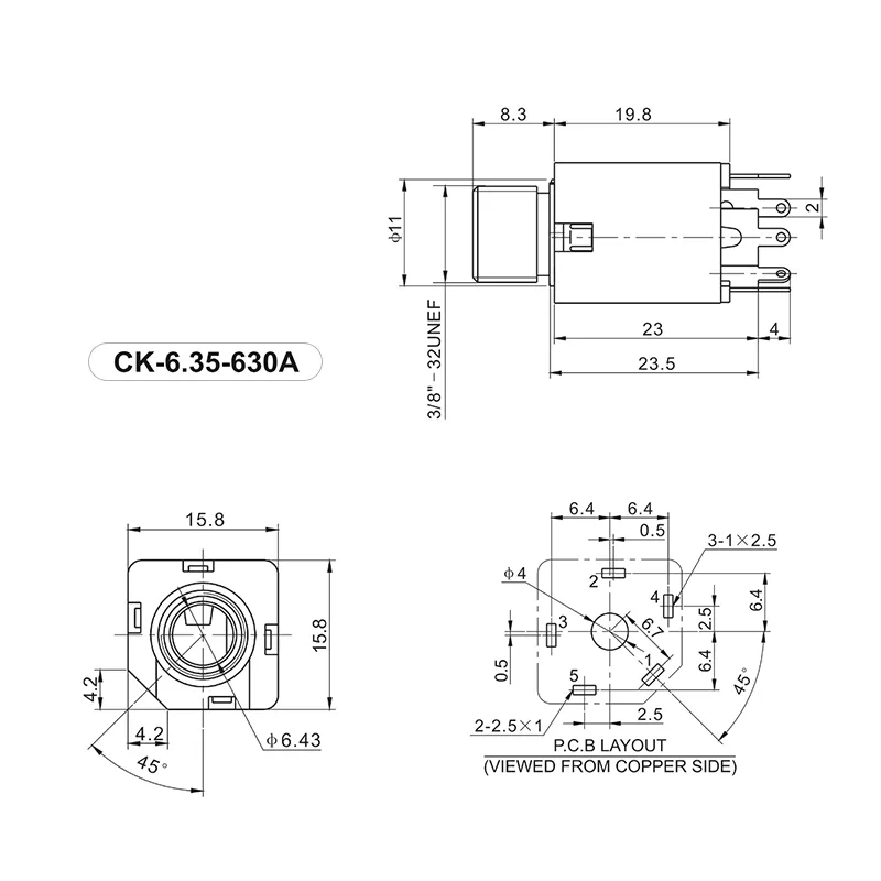 6.35mm 5 pin headphone jack PCB mount socket