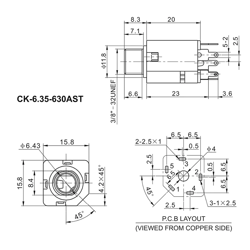 6.35mm 3 pin headphone jack PCB mount socket