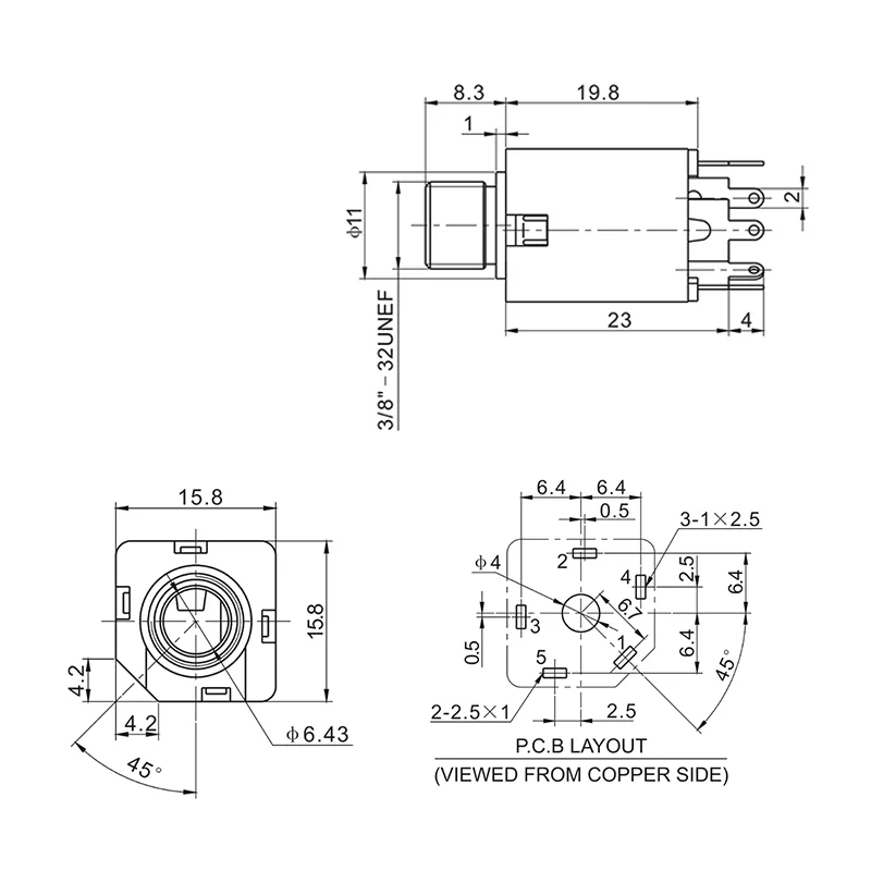 6.35mm 5 pin headphone jack PCB mount socket