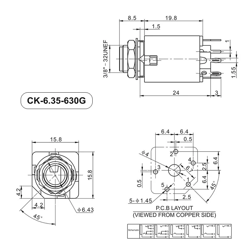 6.35mm 3 pin headphone jack PCB mount socket