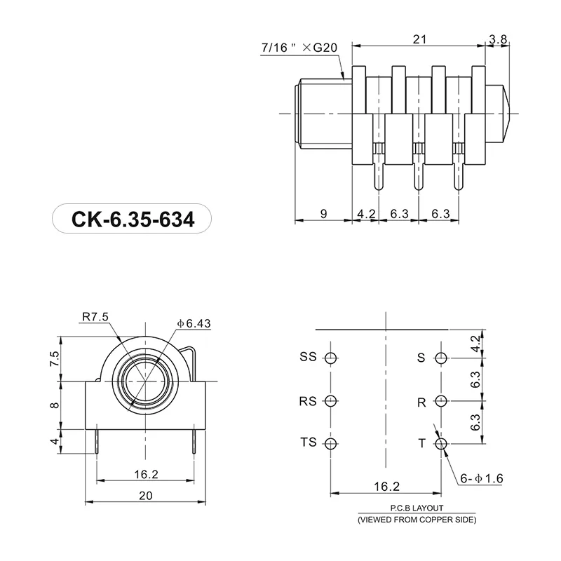 6.35mm 6 pin headphone jack PCB mount socket