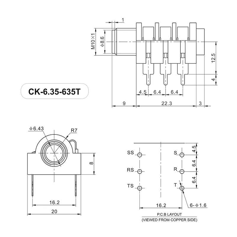 6.35mm 6 pin headphone jack PCB mount socket