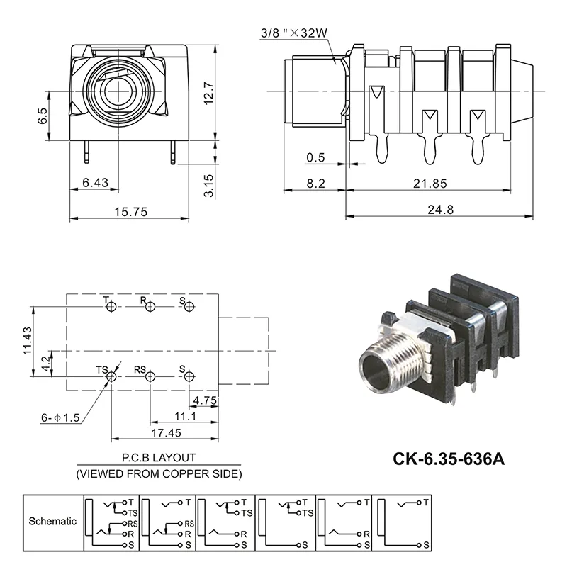 6.35mm 6 pin audio phone jack PCB mount socket