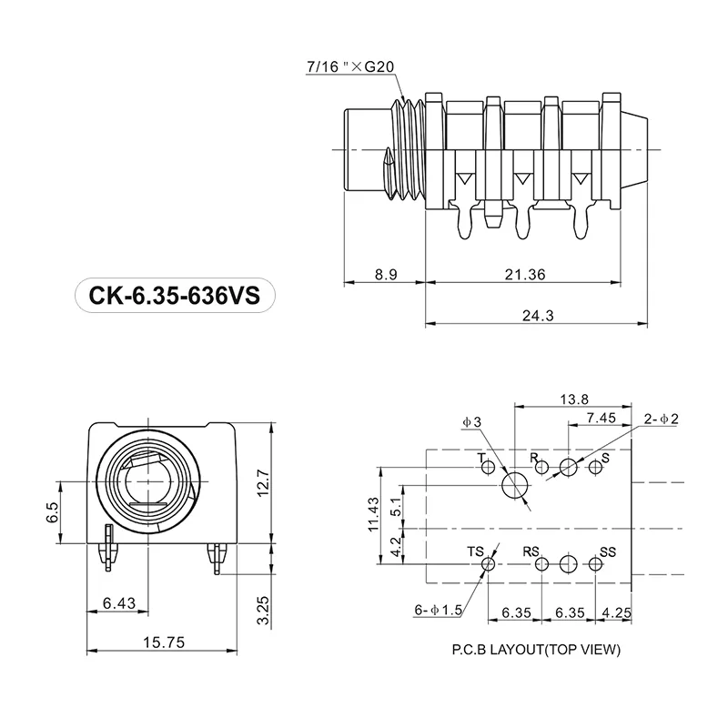 6.35mm 6 pin vertical headphone jack PCB mount socket