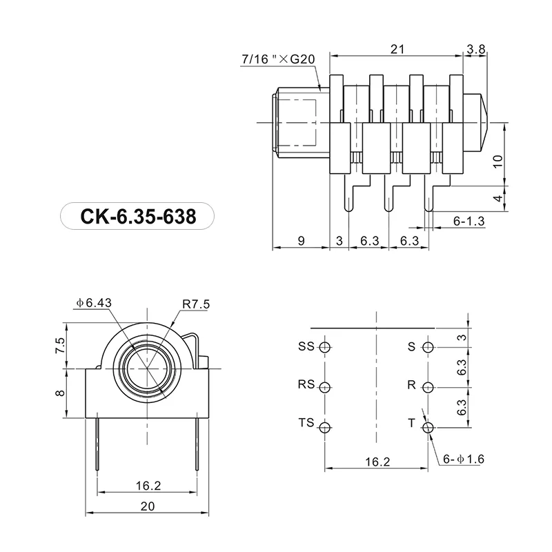 6.35mm 6 pin headphone jack PCB mount socket
