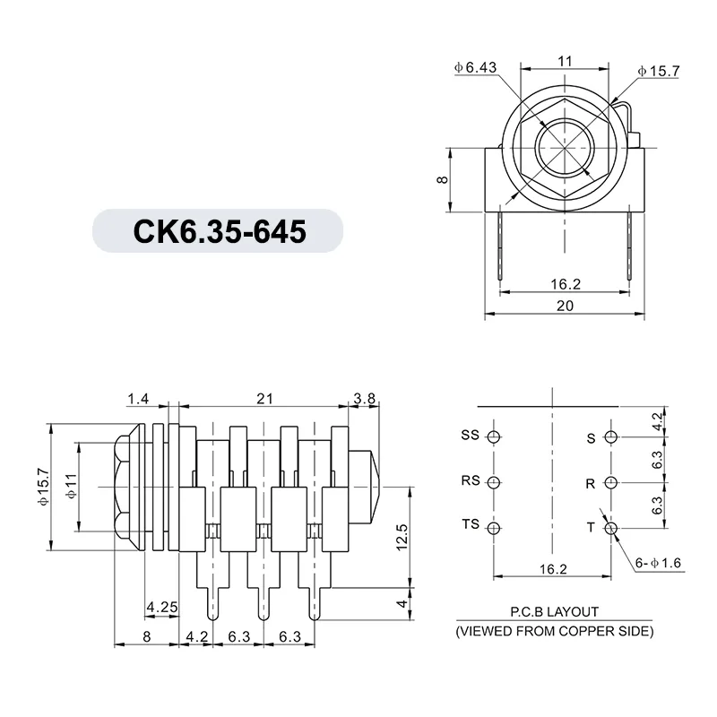 6.35mm 4 pin headphone jack PCB mount socket