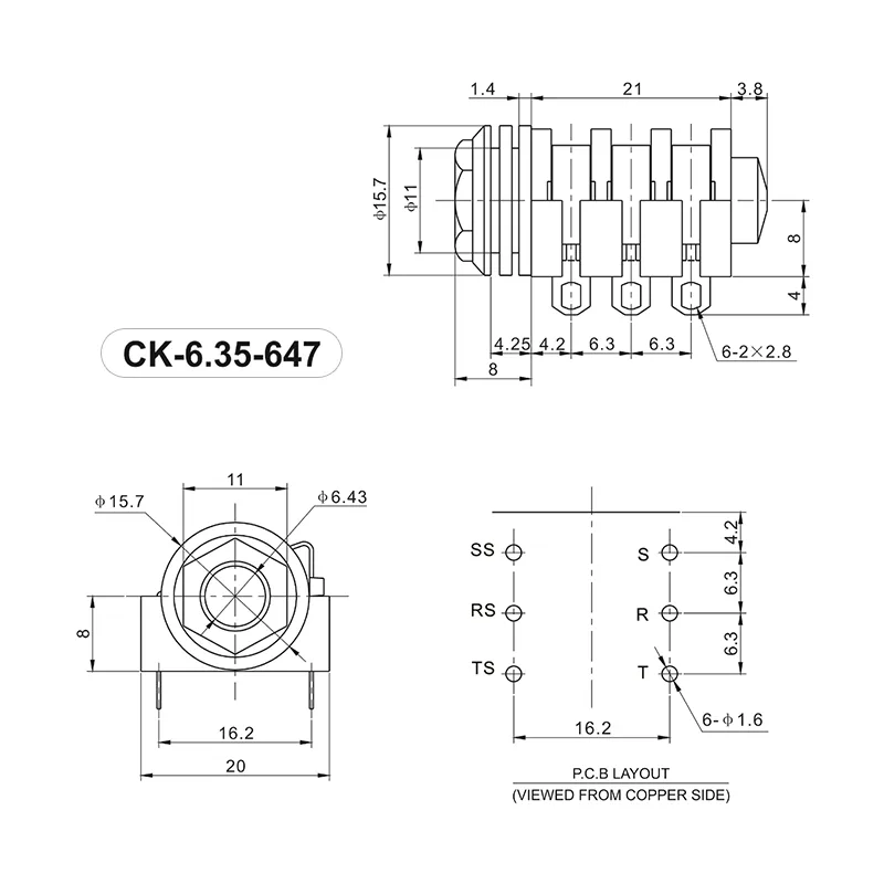 6.35mm 6 pin headphone jack PCB mount dual switch socket