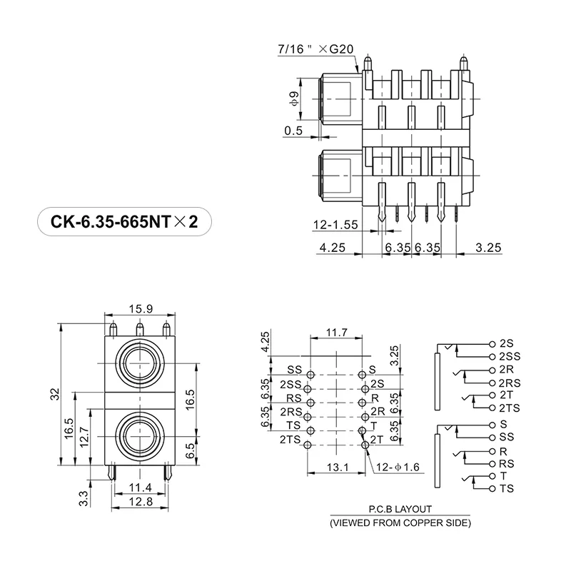 6.35mm dual headphone jack PCB mount compact socket