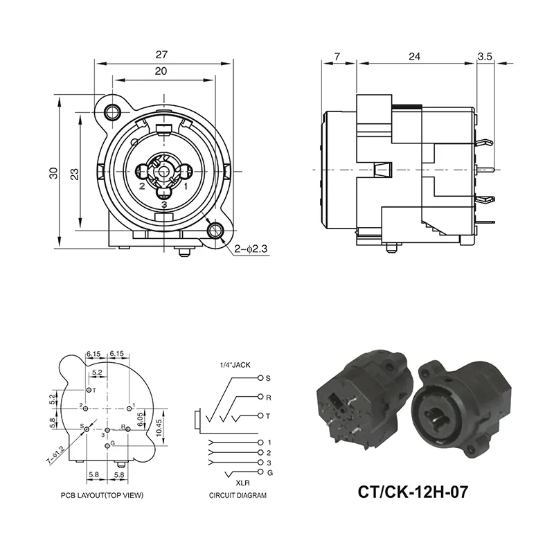 CTCK-12HP-07 XLR 1/4" Combo Jack Connector CTCK-12HP-07 XLR 1/4 combo jack connector panel mount