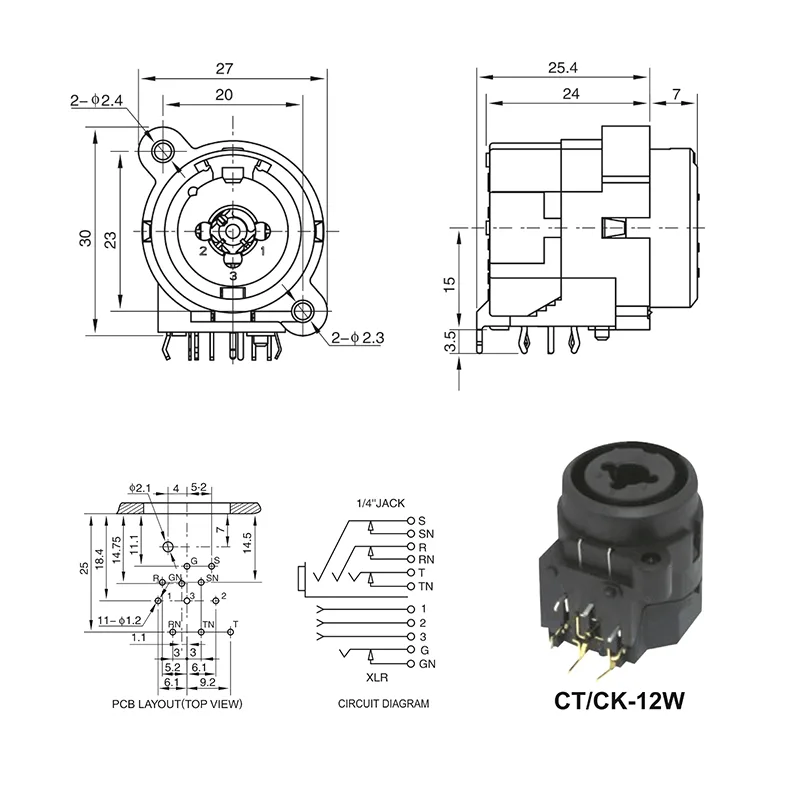 CTCK-12W-11 XLR 1/4 combo jack PCB mount connector