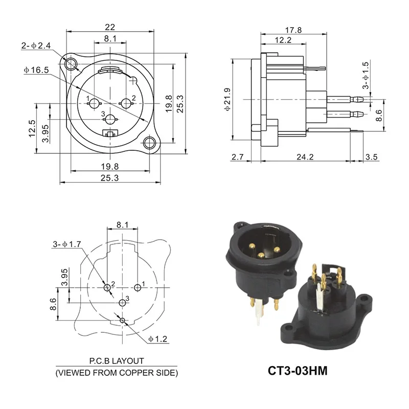 3 pin XLR male panel mount plastic audio connector