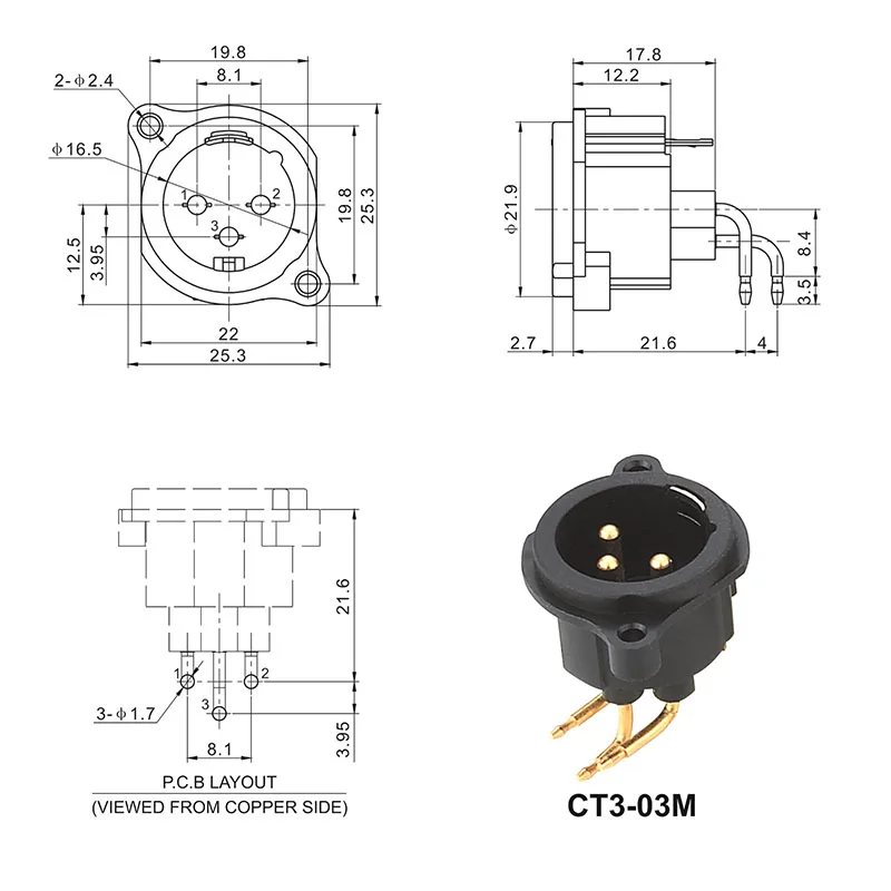 3 pin XLR male panel mount standard audio connector