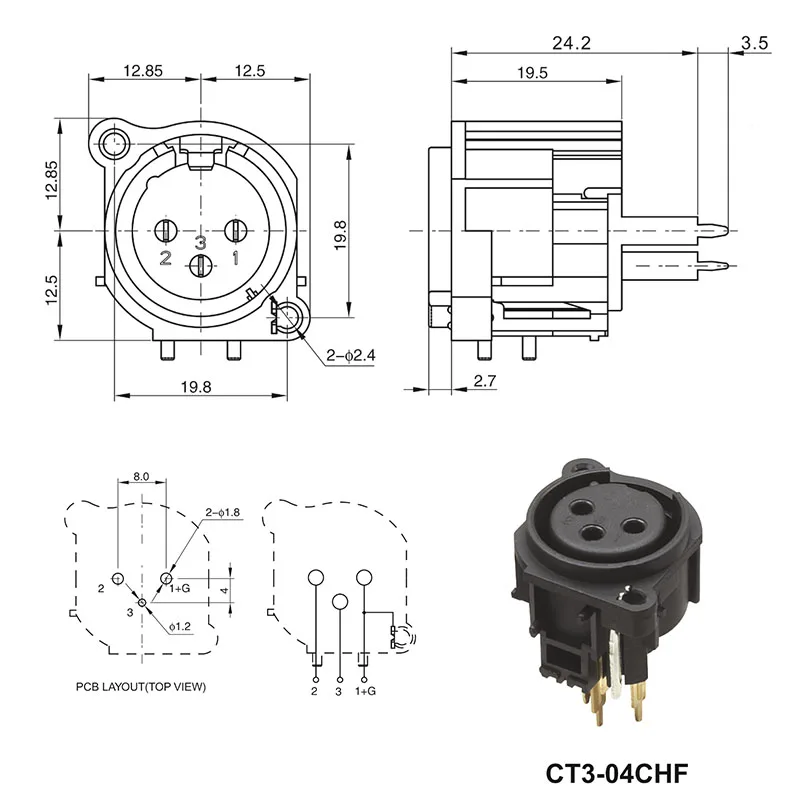 3 pin XLR female panel mount compact insulated CHF connector