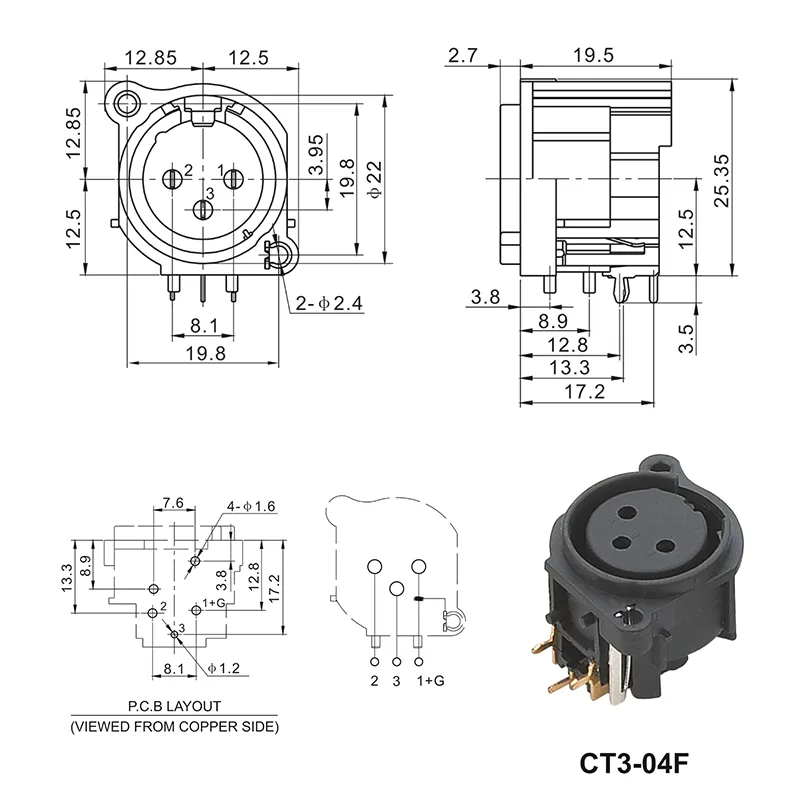 3 pin XLR female panel mount standard audio connector