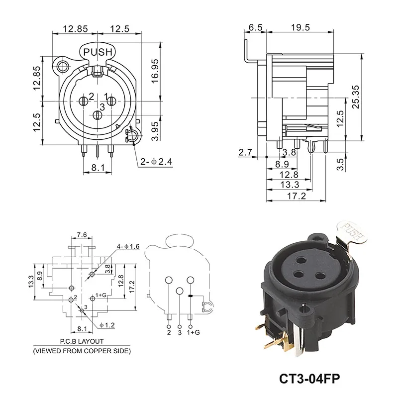 3 pin XLR female panel mount compact audio connector