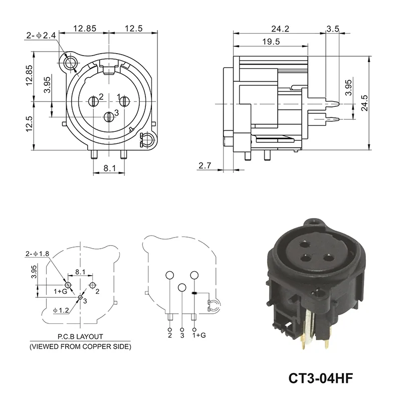 3 pin XLR female panel mount insulated audio connector