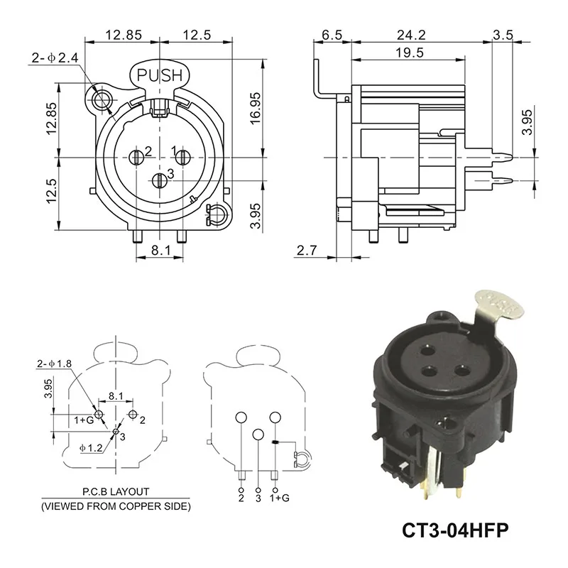 3 pin XLR female panel mount compact insulated connector