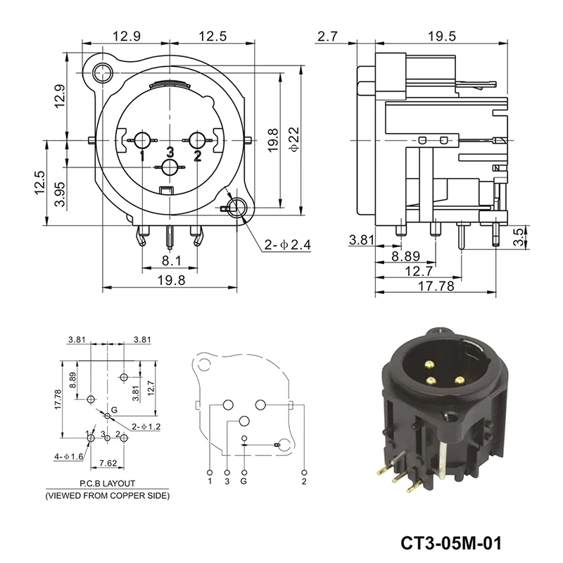 3 pin XLR male panel mount standard audio connector