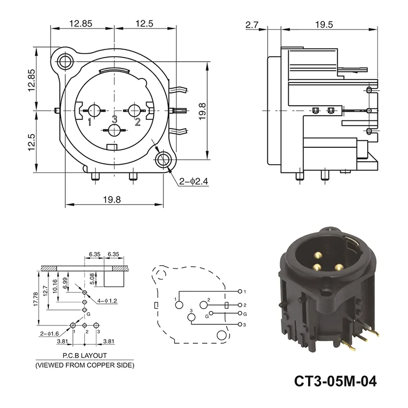 3 pin XLR male panel mount connector angled terminal audio plug