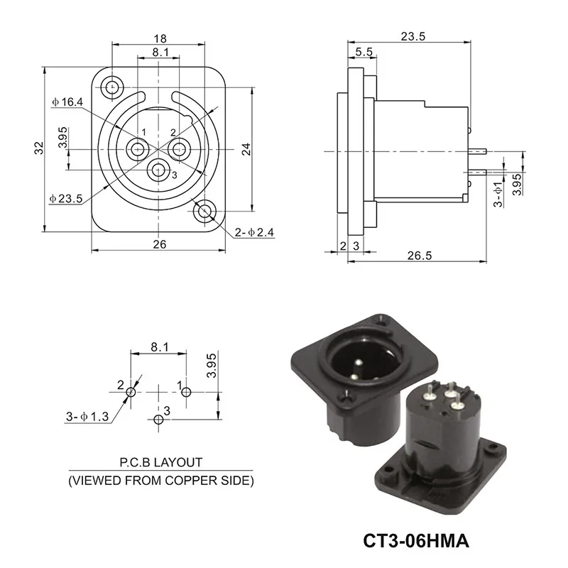 3 pin XLR male panel mount plastic audio connector