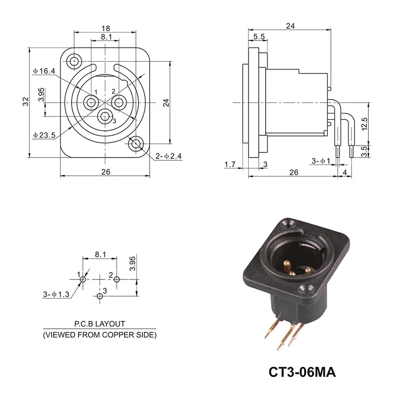 3 pin XLR male panel mount metal audio output connector
