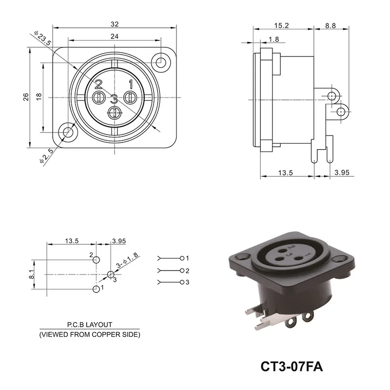3 pin XLR vertical PCB mount female connector socket