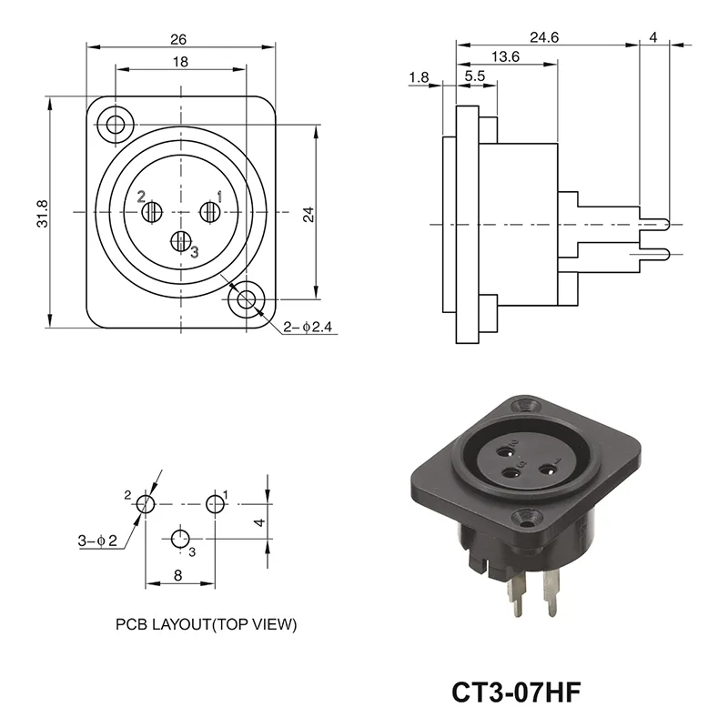 3 pin XLR right angle PCB mount female connector socket