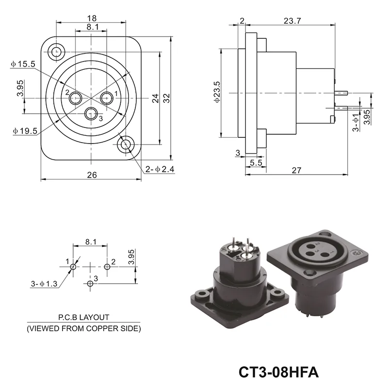 3 pin XLR charging socket panel mount DC power connector