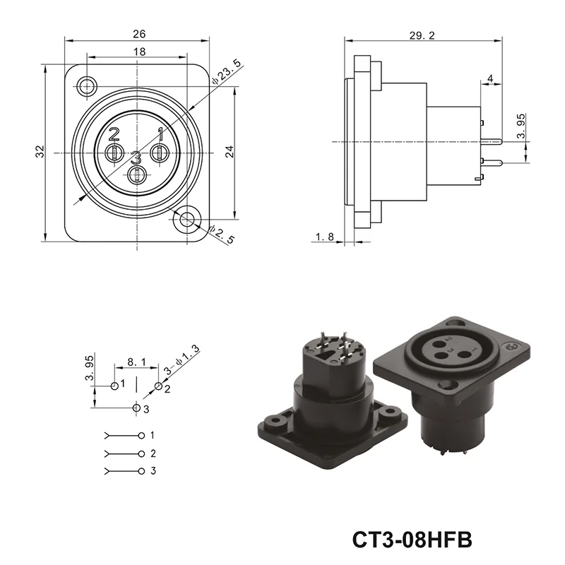3 pin XLR charging socket panel mount power connector female