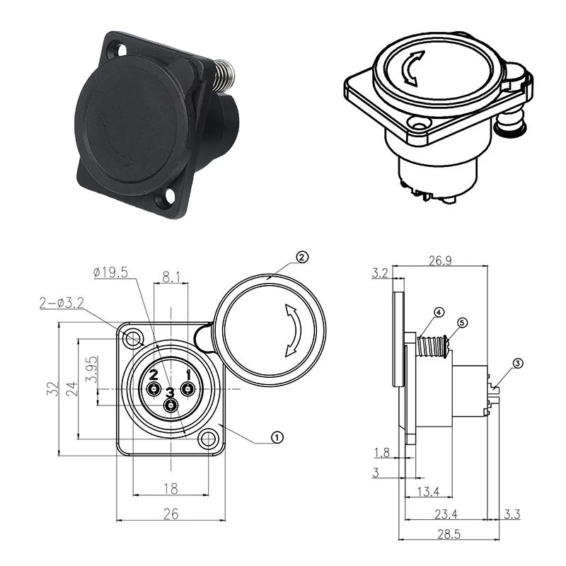 3 pin XLR charging port socket panel mount battery connector