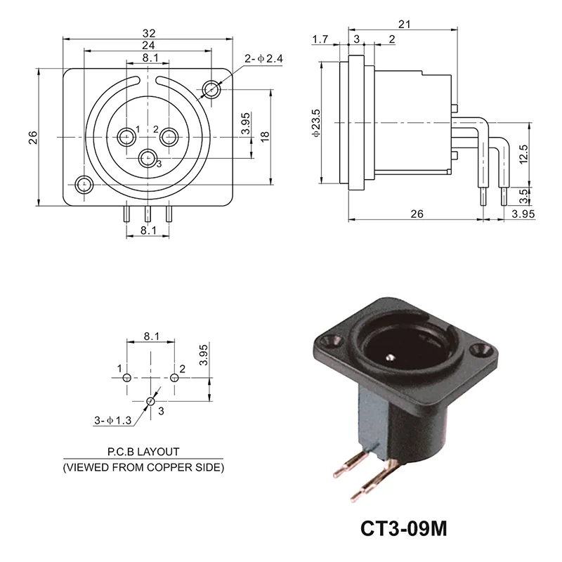 3 pin XLR male panel mount metal audio output connector