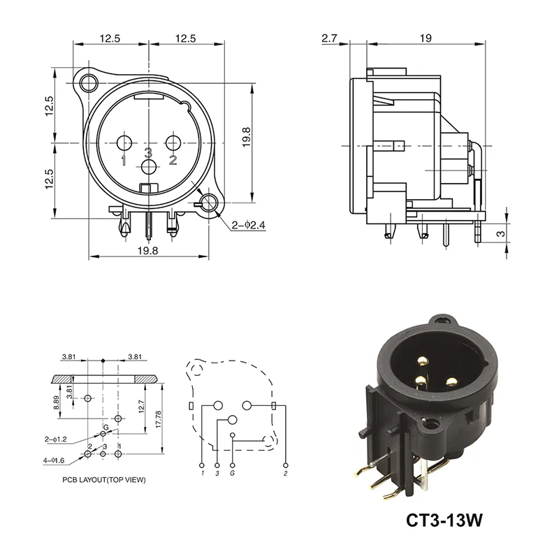 3 pin XLR female wide flange panel mount connector metal socket