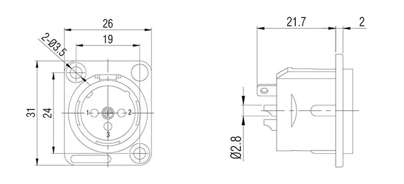 3 pin XLR female panel mount D size metal chassis connector