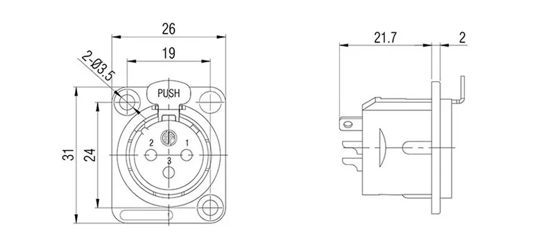 3 pin XLR female panel mount metal chassis audio connector