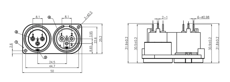 dual 3 pin XLR compact panel mount female connector