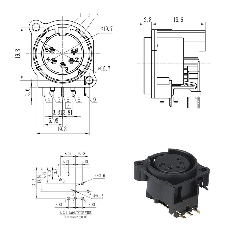 5 pin XLR vertical PCB mount female connector socket