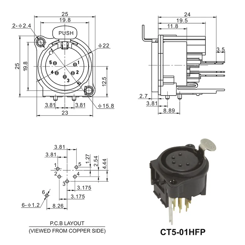 5 pin XLR female front mount panel connector DMX socket