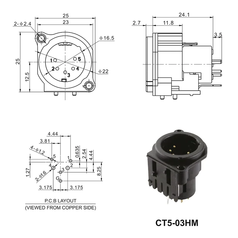 5 pin XLR low profile panel mount compact chassis socket connector