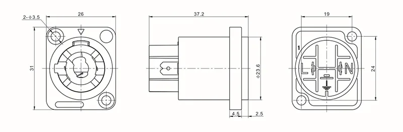 3 pin powercon female panel mount connector 20A 250V