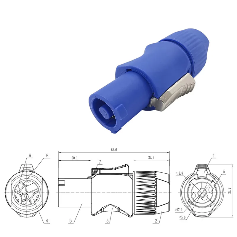 3 pin powercon female panel mount connector blue 20A 250V